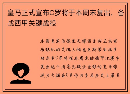 皇马正式宣布C罗将于本周末复出，备战西甲关键战役